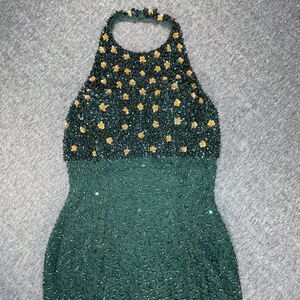 Sean Collection 100% Silk Beaded Gown M Green 3D Floral Bodice Vintage 90s Prom